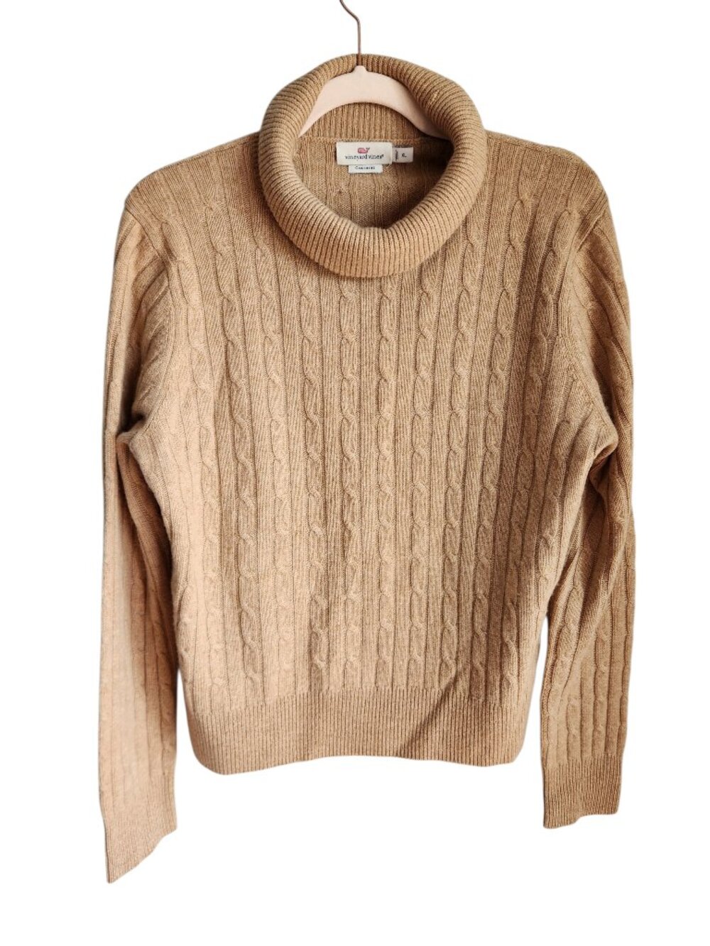 Vineyard Vines Sweater Women's XL Tan Brown Cable Knit Cashmere Turtleneck